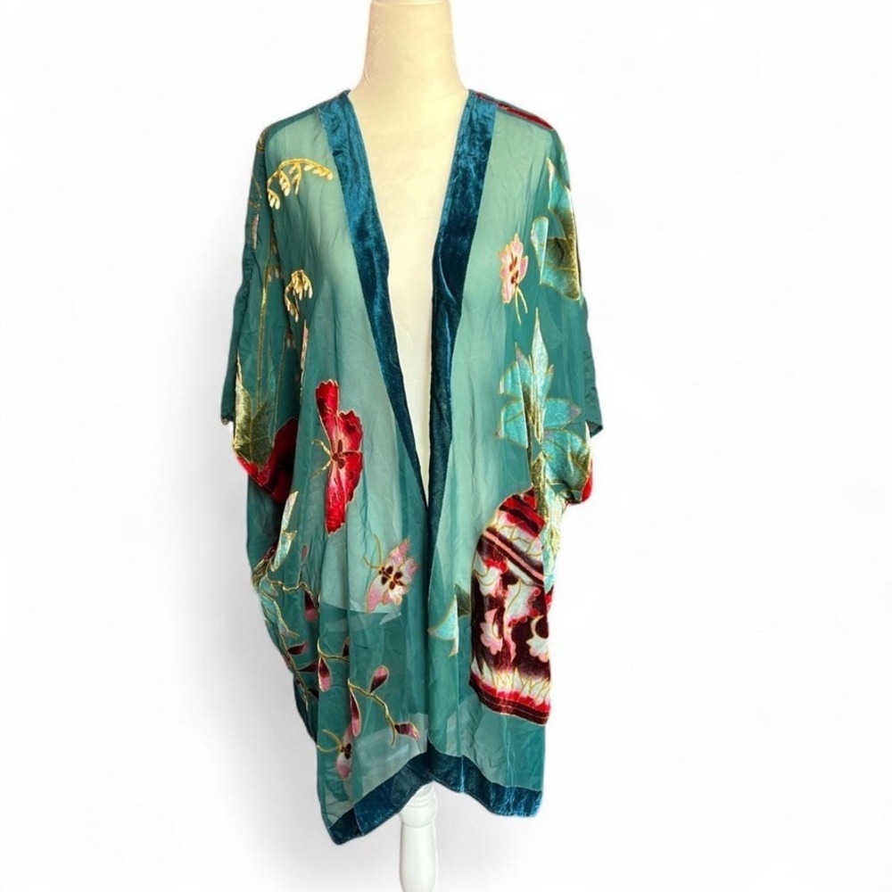 Chico's Teal Sheer Floral Velvet Trim Burnout Kimono